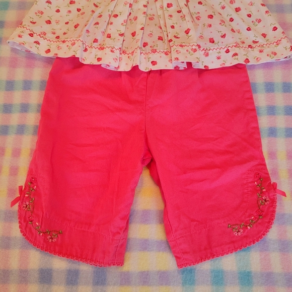 CARTER'S ♡ 2pc Coral 'n White Mini Floral|Bow Top 'n Embroidered Pants Outfit 3M - Picture 4 of 15
